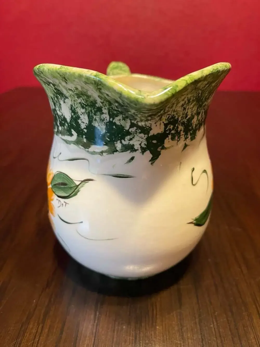 Hand-Painted Ceramic Sunflower and Ladybug Pitcher Signed Dot
